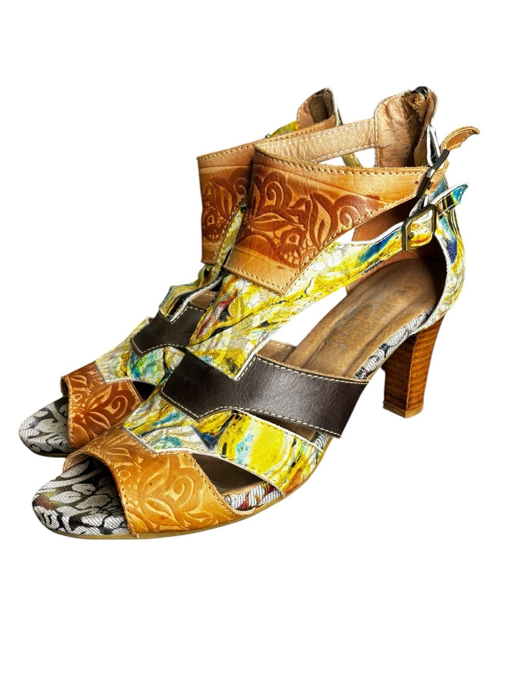 L'Artiste by Spring Step Handcrafted Leather Heeled Sandals Wearable Art SZ 40/9